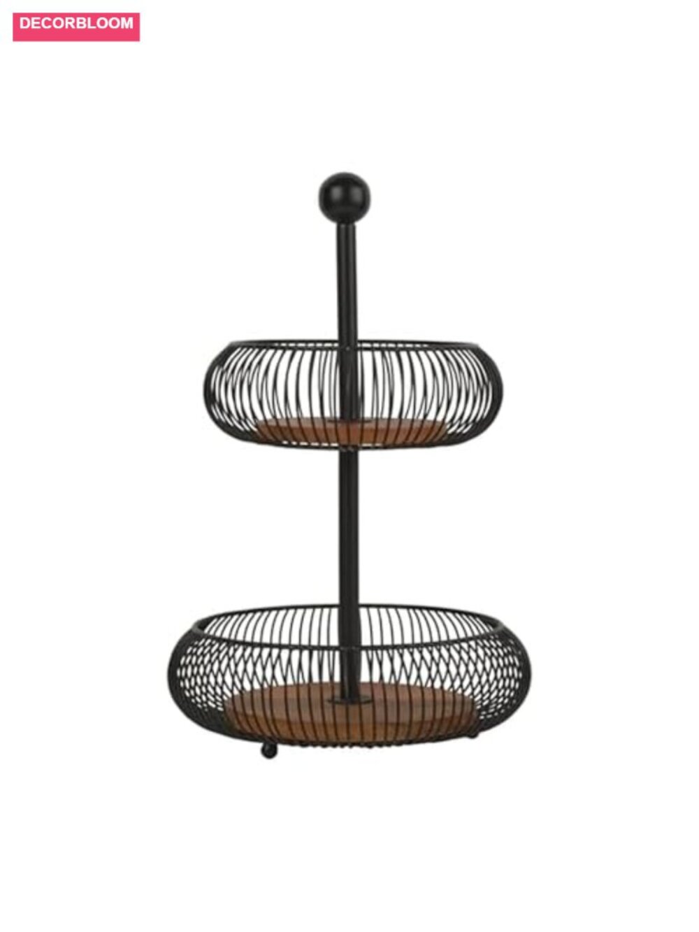 2 Tier Iron & Mango Wood Fruit Storage Basket with Open Wire Design